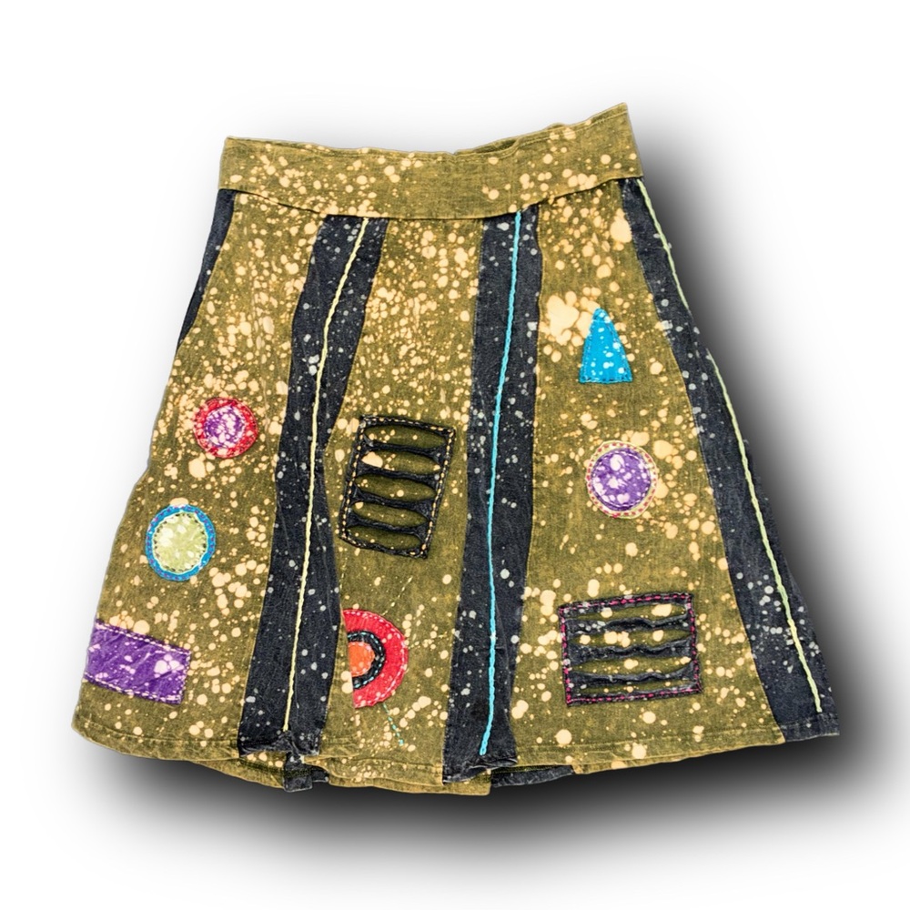 KPC Boho Olive Green Skirt with Geometric Patterns Hippie Folk Art Vibes